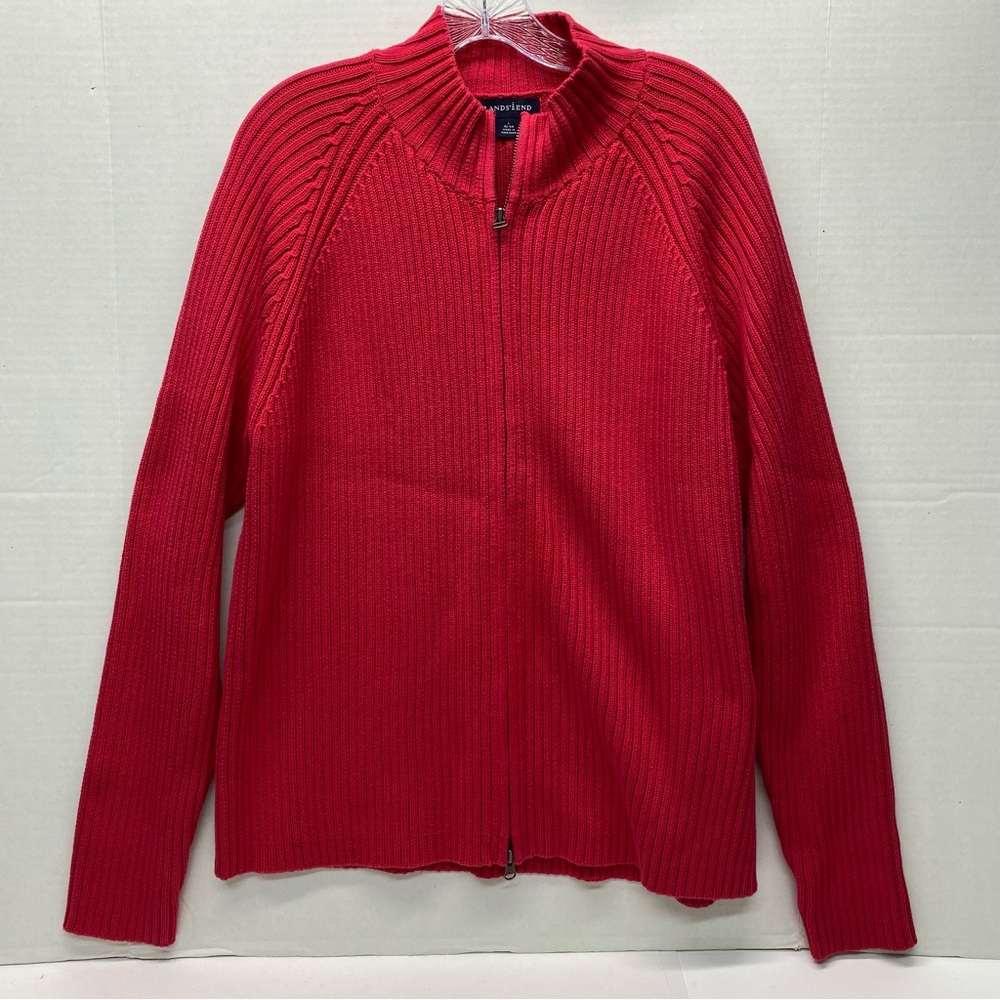Vintage Lands End Red Full Zip Large Cardigan Y2K Cable Knit 100% Baumwolle
